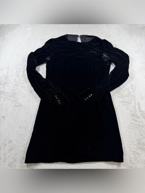 Kulson Italy Black Velvet Dress Womens 42  Luxury Shift Long Sleeve Button